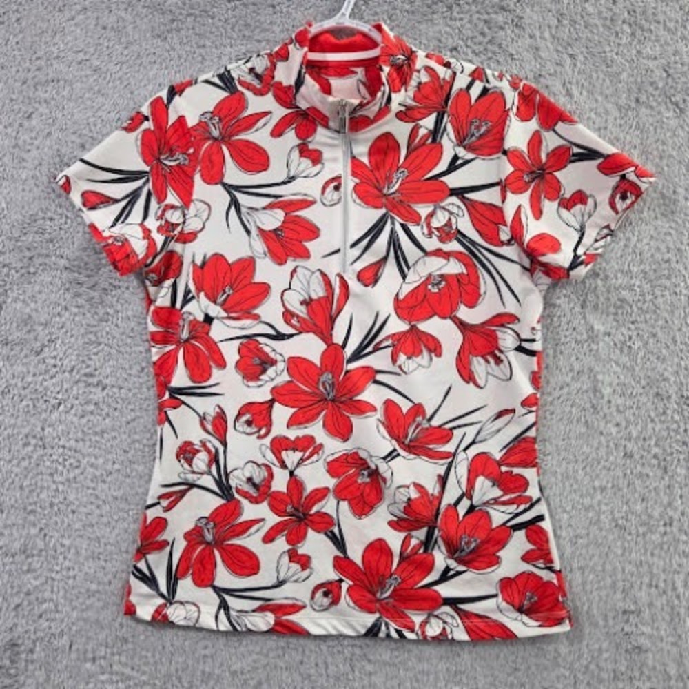 Tail Floral Quarter Zip Golf Top Women Small Red White Mock Neck Short Sleeve